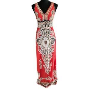 Angie Boho Maxi Dress Red Multicolor Print Sleeveless Size Medium